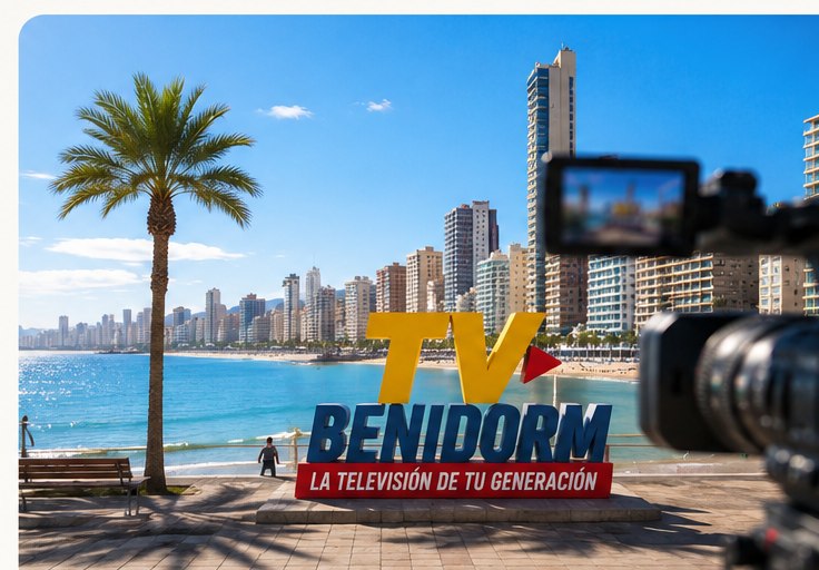 Cámara grabando una escena de TV Benidorm frente al skyline de Benidorm